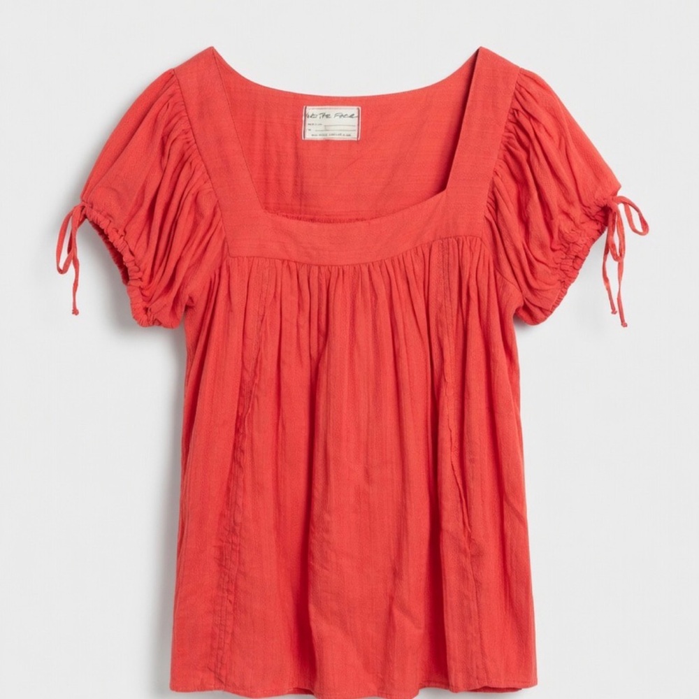 Free People Coral Red Square-Neck Peasant Blouse